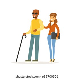 Young smiling female volunteer helping and supporting blind man, healthcare assistance and accessibility colorful vector Illustration