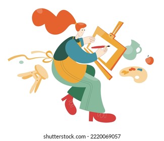 Young smiling girl artist making painting with brush on easel. Hobby, Painting, drawing or artwork at home concept. Art image of people hobby, profession, lifestyle. Flat vector