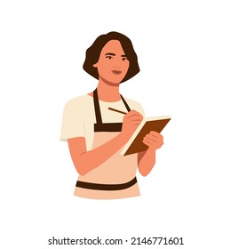 Young smiling girl barista wearing apron holding pen notebook for clients. Working as barista. Coffeeshop and cafeteria. Service, station and lunch. Hand drawn flat vector illustration of character