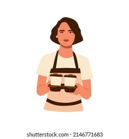 Young smiling girl barista wearing apron holding coffee cups box for clients. Working as barista. Coffeeshop and cafeteria. Service, station and lunch. Hand drawn flat vector illustration of character