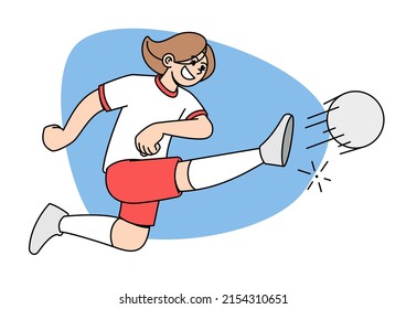Young smiling girl cartoon character girl kicking a ball while playing soccer feeling confident strong vector illustration