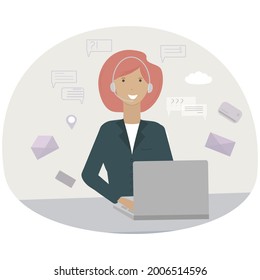  A young smiling girl at the computer. Online support, support service, call center. Vector illustration of the concept of servicing and helping clients with a virtual assistant, consultant.