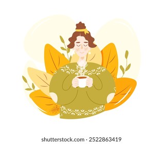 Young smiling girl in cozy sweater holding cup of hot tea or coffee in her hands. Vector illustration isolated on white background. Hand drawn flat cartoon style. Decorated with autumn leaves