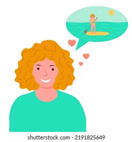 Young smiling girl with curly hair dreaming about summer and paddleboarding, flat vector