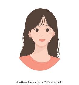 Young smiling girl with dark hair and bangs. Female in profile, an avatar for web design. Flat vector illustration isolated on white background