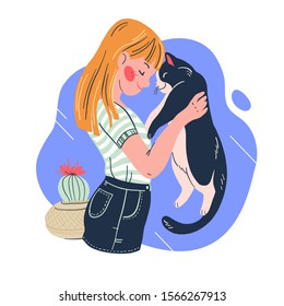 Young smiling girl and her cute fluffy cat portrait isolated on white background. Cat lover concept. Hand drawn flat cartoon style. Vector illustration.