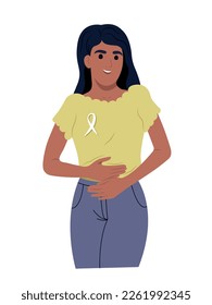 A young smiling girl is holding her stomach with her hands. Endometriosis Awareness Ribbon. An African American woman and a symbol of womens health. World endometriosis awareness day.