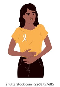 A young smiling girl is holding her stomach with her hands. Endometriosis Awareness Ribbon. An African American woman and a symbol of womens health. World endometriosis awareness day.