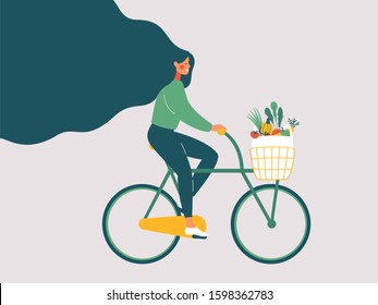 Young smiling girl with long hair riding bicycle with fresh vegetables in front basket. Concept of Green lifestyle, Zero waste, vegetarianism, environment preservation. Flat vector illustration.