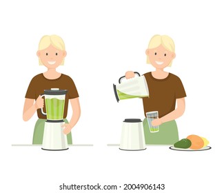 Young smiling girl makes a drink in a juicer and pours the drink into a glass. Vector flat illustration 