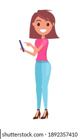 A young smiling girl on high heels stands and points to smartphone. Woman pose 3 4 with a device in her hands. Woman in casual clothes posing with smartphone. Vector character illustration, flat style
