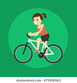 Young smiling girl riding bicycle on green background vector illustration in flat. Girl on bike icon