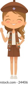 Young smiling girl scout wearing sash with badges isolated on white background. Female scouter, Brownie ligue Scout Girls troop