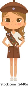 Young smiling girl scout wearing sash with badges isolated on white background. Female scouter, Brownie ligue Scout Girls troop