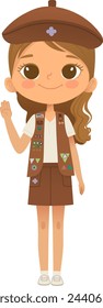 Young smiling girl scout wearing sash with badges isolated on white background. Female scouter, Brownie ligue Scout Girls troop