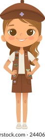 Young smiling girl scout wearing sash with badges isolated on white background. Female scouter, Brownie ligue Scout Girls troop