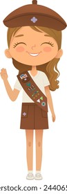 Young smiling girl scout wearing sash with badges isolated on white background. Female scouter, Brownie ligue Scout Girls troop