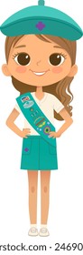 Young smiling girl scout wearing sash with badges isolated on white background. Female scouter, Junior ligue Scout Girls troop