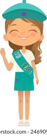 Young smiling girl scout wearing sash with badges isolated on white background. Female scouter, Junior ligue Scout Girls troop