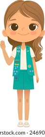 Young smiling girl scout wearing vest with badges isolated on white background. Female scouter, Junior ligue Scout Girls troop