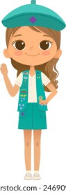 Young smiling girl scout wearing vest with badges isolated on white background. Female scouter, Junior ligue Scout Girls troop