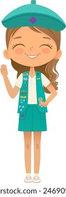 Young smiling girl scout wearing vest with badges isolated on white background. Female scouter, Junior ligue Scout Girls troop