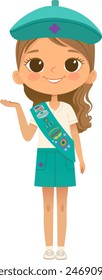 Young smiling girl scout wearing sash with badges isolated on white background. Female scouter, Junior ligue Scout Girls troop