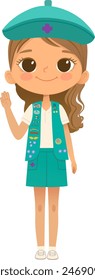 Young smiling girl scout wearing vest with badges isolated on white background. Female scouter, Junior ligue Scout Girls troop