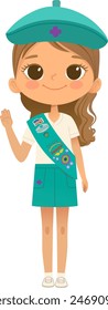 Young smiling girl scout wearing sash with badges isolated on white background. Female scouter, Junior ligue Scout Girls troop