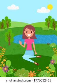 Young smiling girl is sitting in a forest meadow. Woman shows okay, on background of the river. Modern female posing and shows okay. Girl sitting on grass. Flat vector character illustration