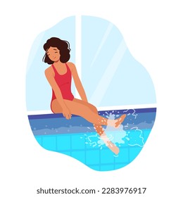 Young Smiling Girl Sitting On The Edge Of A Sparkling Pool, Ready To Dive In. Child Character Splashing with Legs in Clear Water Having Fun and Relaxed Sparetime. Cartoon People Vector Illustration