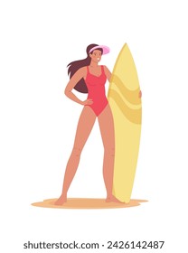 Young smiling girl standing with surfboard. Active female character in swimwear on summer recreation, sea leisure hobby. Flat vector illustrations on white background