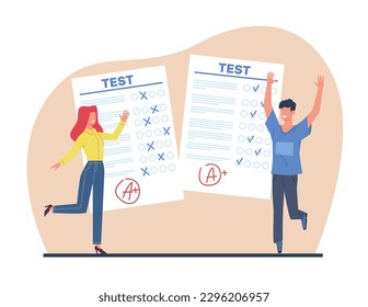 Young smiling girl student and boy are happy with high results of exam. Smart man and woman rejoice in success on test at university or college cartoon flat style isolated vector concept