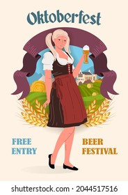 Young smiling girl in traditional German clothes with a glass of beer in her hand, against the background of a rural landscape. Oktoberfest Festival poster in retro style. Flat vector illustration.