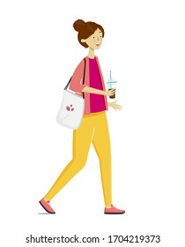 Young smiling girl walking with a cup of iced coffee and eco shopping bag. Summer vector illustration