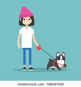 Young smiling girl walking the dog, flat editable vector illustration