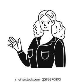 A young smiling girl waves her hand. A gesture of greeting. A female doodle character. Vector black and white illustration in linear style