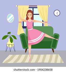 Young smiling girl wearing dress dancing at home. Cheerful dancer enjoying dance, ballet. Leisure activity during quarantine isolation. Woman having fun, have dancing hobby. Stay at home concept
