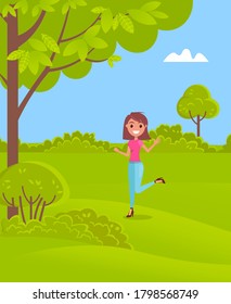 Young smiling girl wearing pink t-shirt and jeans, stylish shoes at heels. Fashionable woman with bob hairstyle walking in green park. Cheerful girl posing, rejoice recreation. Summer nature