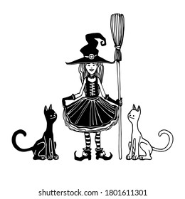 young smiling girl in witch costume for halloween holiday masquerade with broom & cats, vector illustration with black ink contour lines isolated on a white background in a cartoon & hand drawn style