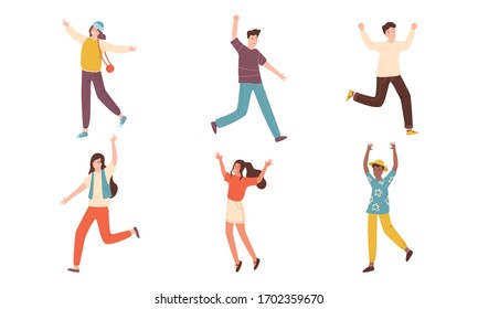 Young smiling girls and boys jumping and feeling happy vector illustration