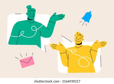 Young smiling girls friends in speech bubbles greeting each other online from smartphone screen online. Internet communication and chatting concept. Colorful vector illustration
