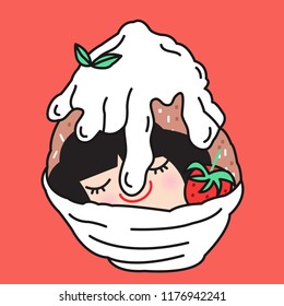 Young Smiling Girls Laying In Korean Style Ice Cream Dessert. Concept Of Sweettooth Card Character illustration