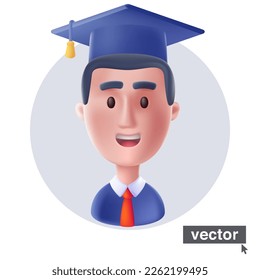 Young smiling graduate student with academic robe and graduation cap. Realistic 3D style vector character illustration in cartoon style. Stunning icon for user person profile, ID card, social media.