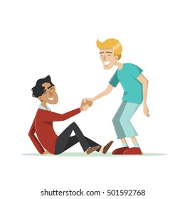 Young smiling guy helps another man to get up after a fall. Vector illustration in cartoon style. Isolated on white. Concept for friendship, helping hand, assisting, togetherness, support.