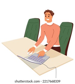 Young smiling guy man office worker sitting at the table of the laptop. Cartoon vector flat graphic illustration.