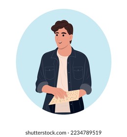 A young smiling guy is reading something in Braille. Vector flat illustration