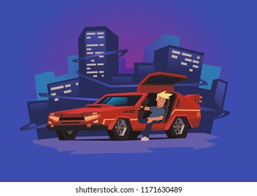Young smiling guy sitting in futuristic racing car on neon city background. Cyberpunk fantasy. Flat vector illustration.