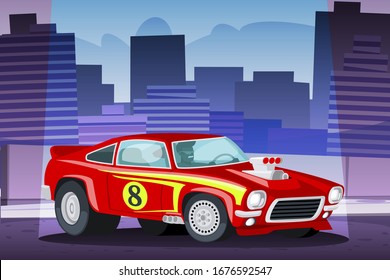 Young smiling guy sitting in futuristic racing car on neon city background. Cyberpunk fantasy. Flat vector illustration.
