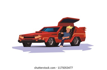 Young smiling guy sitting in red racing car. Futuristic race winner. Flat vector illustration. Isolated on white background.